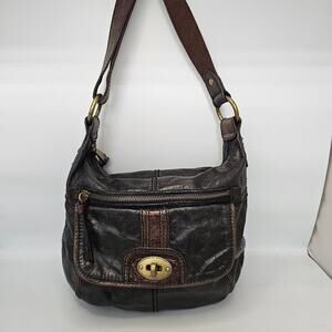 Fossil Black & Brown Leather Shoulder Hand Bag "Long Live Vintage Since 1954"